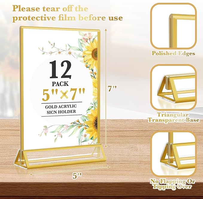 Acrylic Gold Sign Holders 5x7, 12 Pack Wedding Gold Table Number Holders, Double Sided Photo Display Picture Frame Paper Stand, Clear Flyer Stand Menu Holder for Wedding, Home, Party, Restaurant
