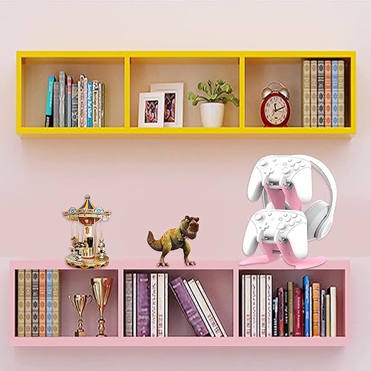 Controller Holder Pink, Game Controller Rack Headset Stand for Xbox Series X S/Xbox one / PS5 / PS4 / NS/PC/Headset, Aluminum Metal Headset Mount Universal Organizer for Video Game Accessories