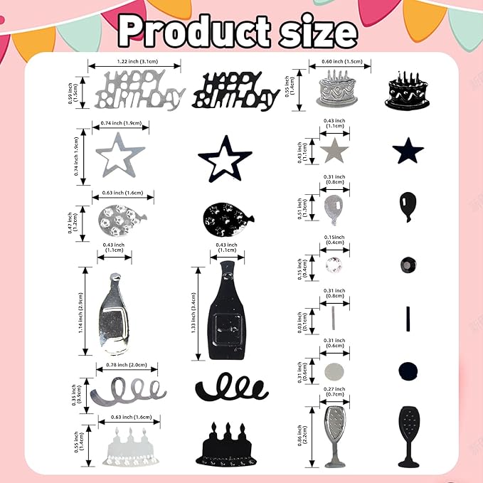 Silver and Black Happy Birthday Confetti, 3000 Pcs Birthday Cake Table Metallic Foil Confetti Party Table Decor for Party, Baby Shower, DIY Arts and Crafting