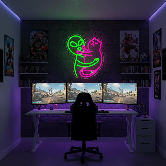 Alien Cat Neon Sign,Neon Signs for Wall Decor,LED Cat Alien Sign,Dimmable Neon Lights for bedroom,Man Cave,USB Powered Neon Light Sign,Cute LED Signs for Wall Decor,Alien Decor,Game Room