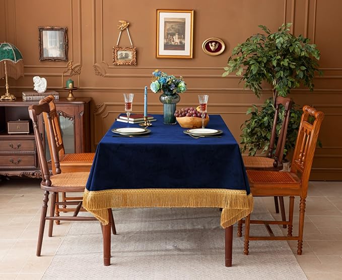 F-CHU Blue Tablecloth Thickset Velvet Tablecloth with Beautiful Gold Tassels Vintage Table Cloth for Home Decor Wedding, Party, Banquet and Events 67x120-Inch