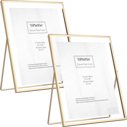 Gold 10x12'' Floating Frame Set of 2,For Photo Sizes 5x7'', 7x9'', 810'', 8.5x11'', Metal Frames for Tabletop/Shelf Display,Classy Gift Choice for Wedding,Birthady,Home or Office Decor
