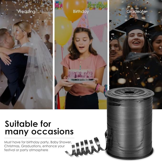 Black Ribbon, 500 Yard Curling Ribbon for Crafts, Shiny Metallic, Iridescent Crimped for Gift Wrapping, Balloons, Florist (1 Roll)