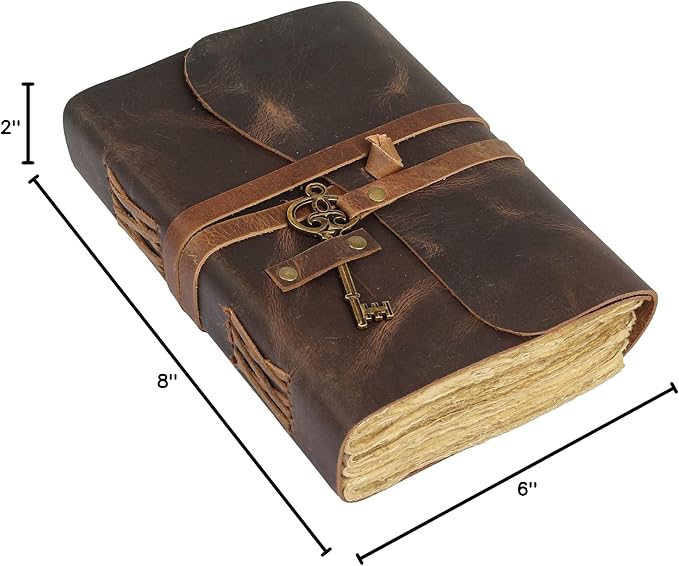Leather Journal with Lined and Unlined Deckle Edge Paper 8x6 inch and Vintage Key | Handmade Writing Notebook Diary | Bound Daily Notepad for Men & Women Medium, Sketch/Writing pad for Artists