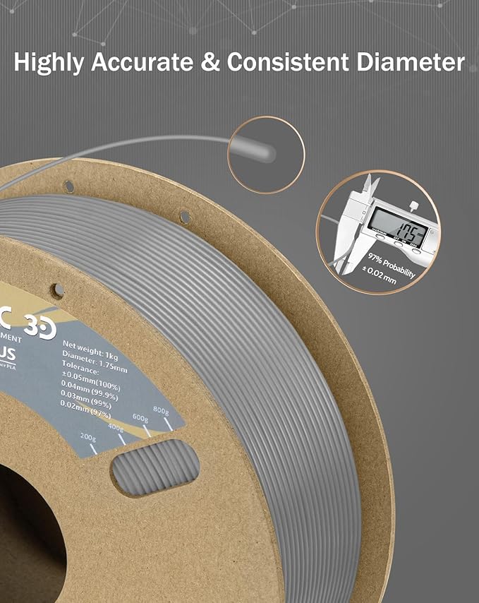 DURAMIC 3D PLA+ Filament 1.75mm 2Kg Grey, PLA Plus Filament 2 Pack 1kg Spool(2.2lbs) Tougher and Stronger, Dimensional Accuracy Probability +/- 0.02mm