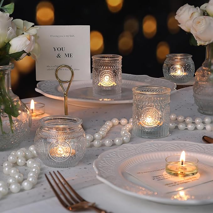 DARJEN 12Pcs Clear Votive Candle Holders - Glass Tea Light Candle Holder, Clear Votives, Embossed Candle Votives for Wedding Centerpiece & Home Decoration