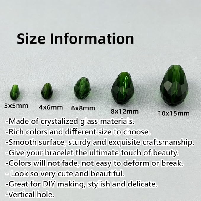 50pcs 10x15mm Teardrop Crystal Glass Beads for Jewelry Making, Faceted Vertical Hole Teardrop Glass Spacer Beads for Wind Chimes Bracelet Earring Necklace DIY Craft(Dark Green)