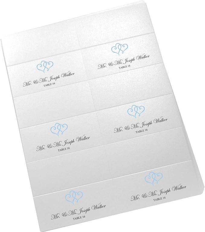 Linked Hearts Printable Place Cards, Light Blue (Choose Color), Set of 60 (10 Sheets), Laser & Inkjet Printers - Wedding, Party, Dinner, and Special Events - Made in the USA