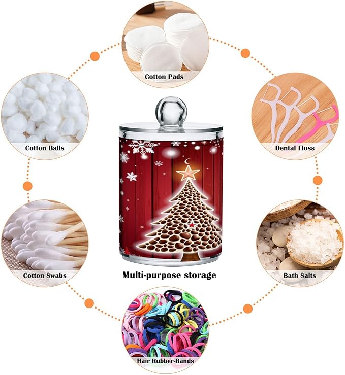 Gredecor Christmas Winter Qtip Holder Dispenser 2 Pack Christmas Tree Red Snowflakes Bathroom Decorative Storage Canister Holder Counter Vanity Organizer for Cotton Ball Swabs Pads Floss