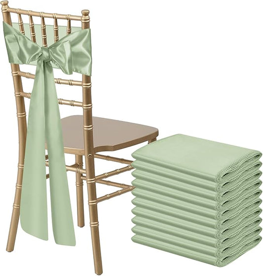 10 PCS Sage Green Satin Chair Sashes Bows Universal Chair Ribbon Ties Back Sash for Wedding Party Reception Events Banquets Hotel Event Chair Cover Decoration (7x108 inch)