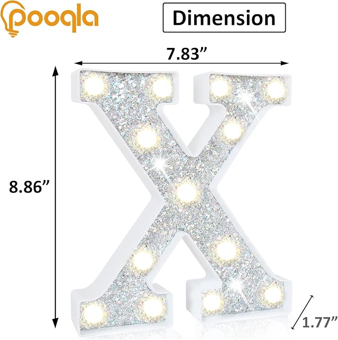 Pooqla Light Up Letters, LED Marquee Letters for Silver Birthday Decorations, Battery Powered Night Light Teenager Girl Room Decor, Gift for Girls Boys Wedding Bedroom Christmas Party Decor, Letter X