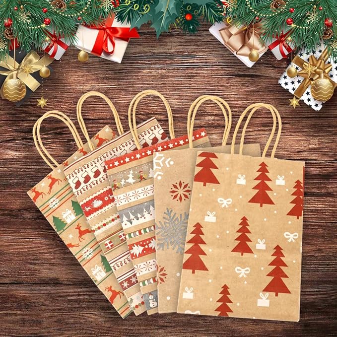 STPIYFZU Christmas Gift Bags, 25 Pack Small Christmas Gift Bags with Handles, Xmas Kraft Paper Bag Bulk with Tissue Paper, Xmas Holiday Present Bag (8.2" x 6" x 3.1")