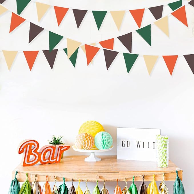 32Ft Orange Green Brown Party Decorations Triangle Flag Pennant Bunting Fabric Garland for Jungle Safari Animal Party Zoo Themed Wild One Forest Baby Shower Fall Wedding Birthday Decoration