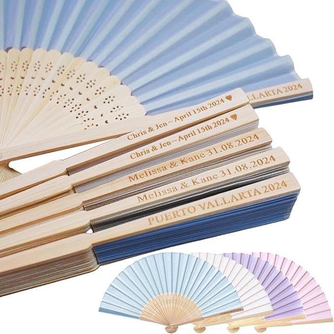 20 Pcs Personalized Light Blue Folding Hand Fans, Summer Wedding Fans, Personal Handheld Folding Fans Wedding Favors, Custom Imitated Silk-Bamboo Fans for Guests