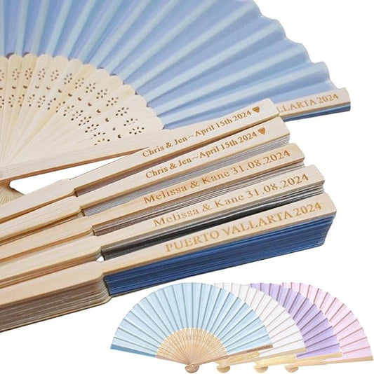 Personalized Engraved Light Blue Fans, Folding Hand Fans 70 Pcs, Wedding Party Favors, Custom Silk-Bamboo Fans
