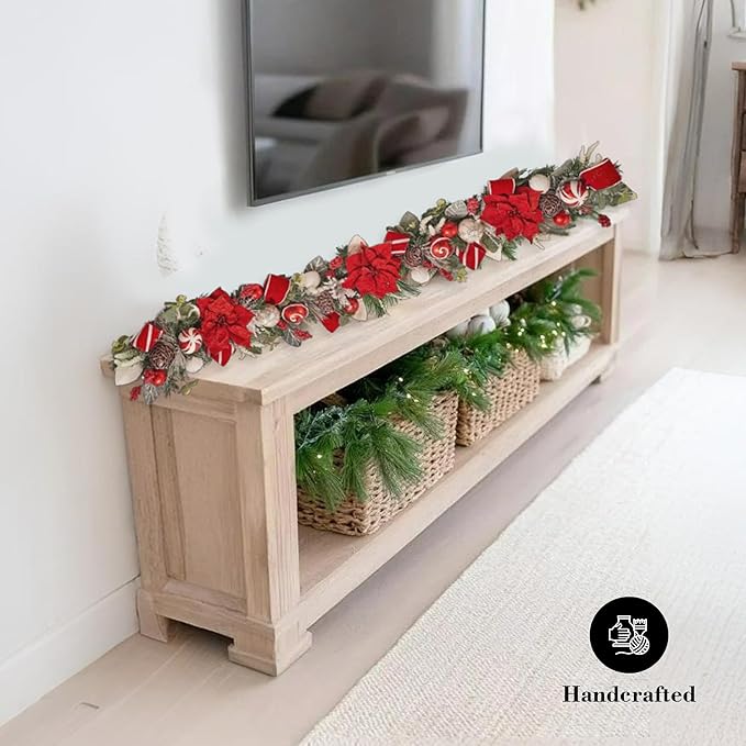 5 ft Christmas Garland for Mantle Unlit Garland for Stairs Railing, Banister, Staircase, Fireplace, for Table No Light, Garland Decor Frosted Red Poinsettia Holiday Tree (Frosted Red Poinsettia)