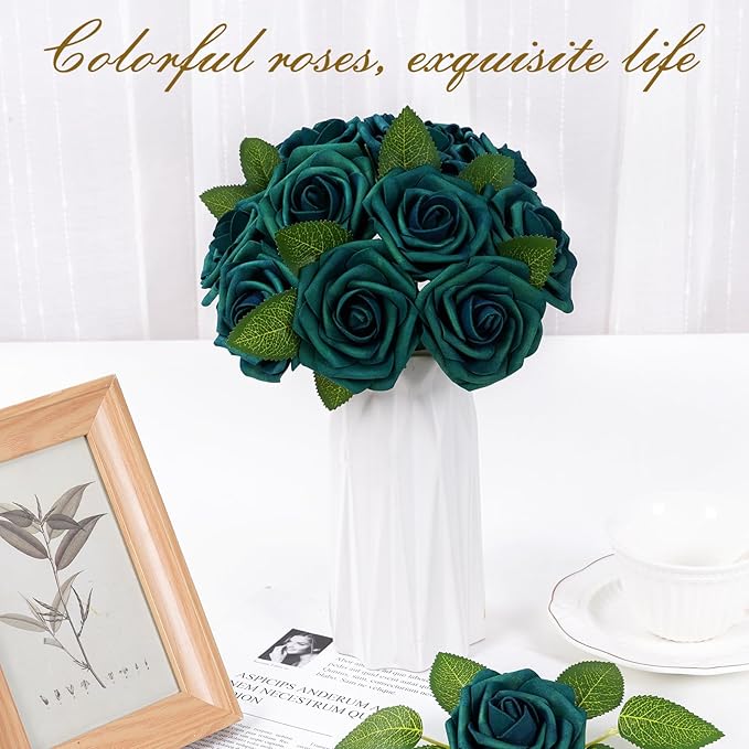 BLEUM CADE 16Pcs Artificial Flowers Fake Roses with Stems, Army Green Boxed Foam Roses for DIY Bouquets Centerpieces Wedding Party Arrangement Bridal Shower Decor