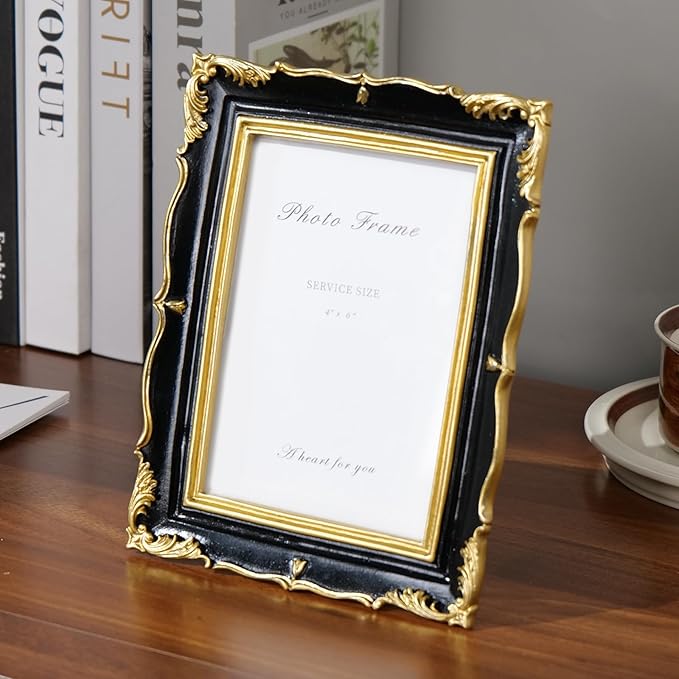 Cuspin 4x6 Picture Frame Black and Gold Vintage Frame, Ornate Textured Hand-Crafted Resin Photo Frame with Glass Front, 4x6 Black Antique Decorative Frames for Wall & Tabletop Home Decor