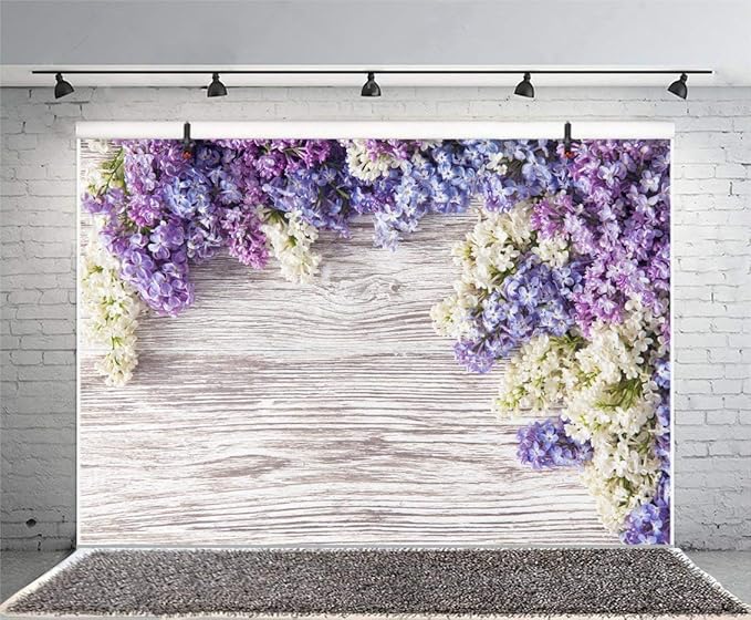 7x5ft Wooden Plank Photography Backdrops Purple Lilac Flowers Rustic Vintage Wood Wall Newborn Baby Shower Girls Adult Portrait Photo Background Kids Birthday Party Decor Photoshoot Studio Props