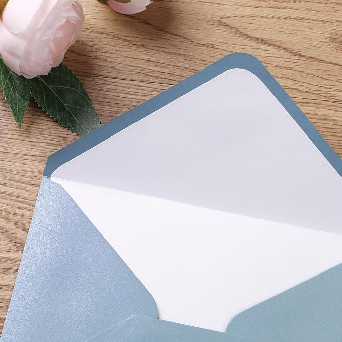 PONATIA 50 Pieces/lot A7 Envelopes, 5.25 X 7.25'' Matte Dusty Blue Envelopes Perfect For 5x7 Weddings Invitation Cards, Graduation, Acrylic Invitations, Photos (Pearl White Liner + Matte Dusty Blue)