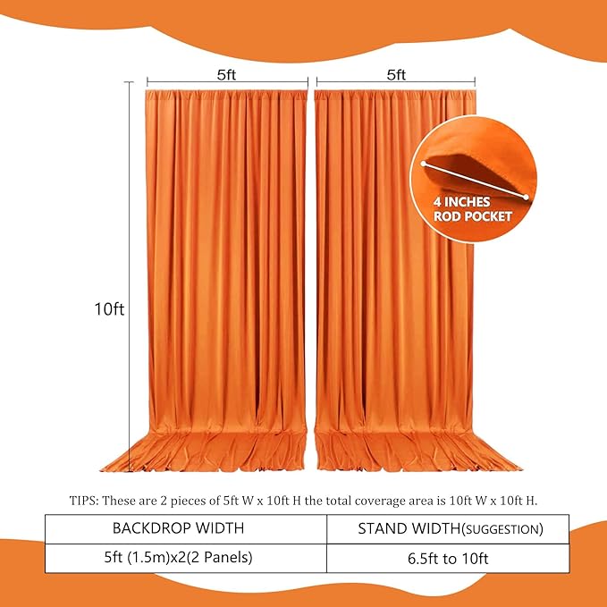 2 Panels Deep Orange Backdrop Curtain, 10 x 10 Feet Background Curtains for Parties, Weddings, Baby Showers, Bachelorette Halloween, Christmas Birthday Party Photoshoot Backdrop Curtains Decorations