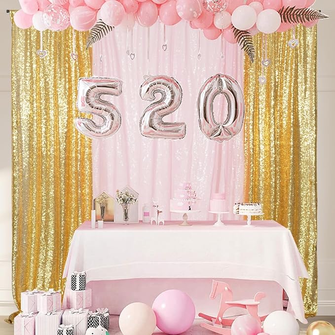 4 Panels Gold&Pink Sequin Backdrop Curtain 2FTx8FT Glitter Sequin Backdrop Curtains for Birthday Party Wedding Decoration