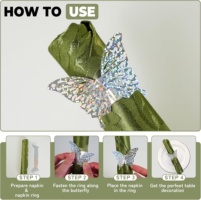 100 Pcs 3D Silver Iridescent Butterfly Napkin Rings Silverware Wraps Bands,Table Setup Sequined Wedding Valentines Day Event Party Supply Settings, Glossy Serviette Buckles Decoration(Silver)