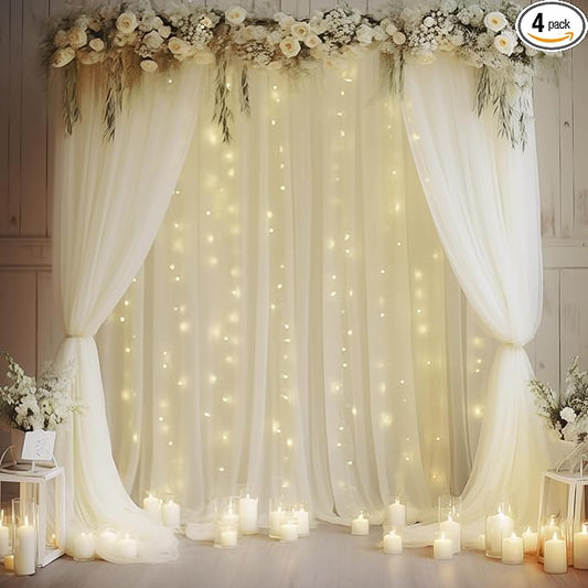 20×10ft Cream White Tulle Backdrop Curtain with Lights String for Parites, Sheer Curtain Backdrop Drapes for Wedding Party Home Decorations