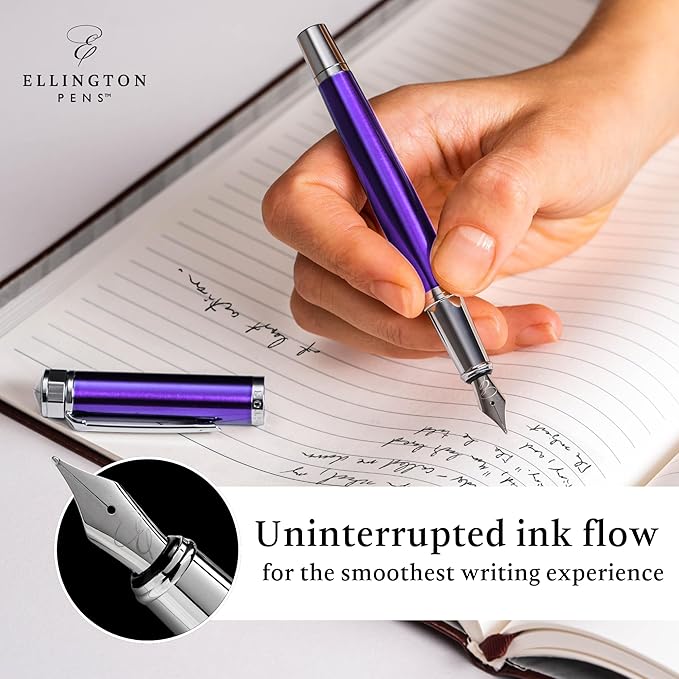 Ellington Pens Luxury Fountain Pen Set- Fountain Pens for Writing - Smooth Medium Nib - Includes Refillable Ink Converter, 3 Ink Cartridges [Black & Blue], Gift Box - Elegant Calligraphy