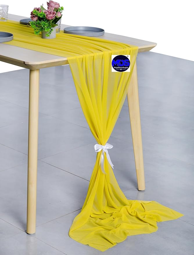 MDS Halloween Chiffon Table Runner - 10 Pack, 29 x 170 Inches, 14ft Each - Sheer Spooky Table Runners for Haunted House Parties, Trick-or-Treat Tables, Witchy Décor, Wedding & Events - Yellow