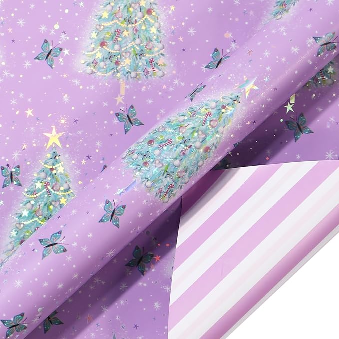 LeZakaa Christmas Purple Wrapping Paper Mini Roll, Christmas Tree Butterfly, Pink Purple Stripe Reversible Design for Winter Holiday Family Gathering, 17 inches x 32.8 Feet