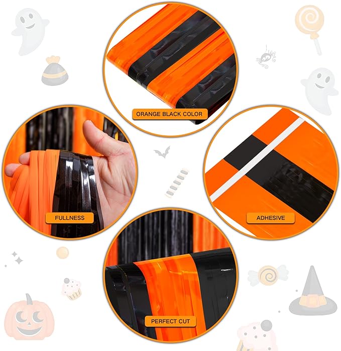 4 Pack Black and Orange Tinsel Foil Fringe Curtains, Halloween Party Photo Backdrop Streamers Backdrop for Birthday Anniversary Party Halloween Party Decoration