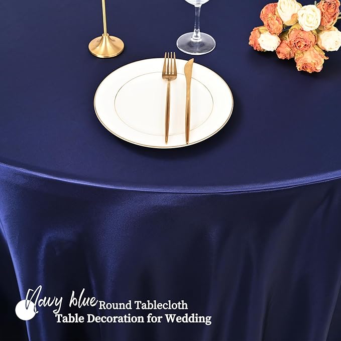 fani 12 Pack 120 Inch Navy Blue Satin Tablecloth - Premium Bright Silky Round Tablecloth Overlay Smooth Fabric Table Cover, Table Decoration for Wedding Party Banquet Events Restaurant Kitchen Dining