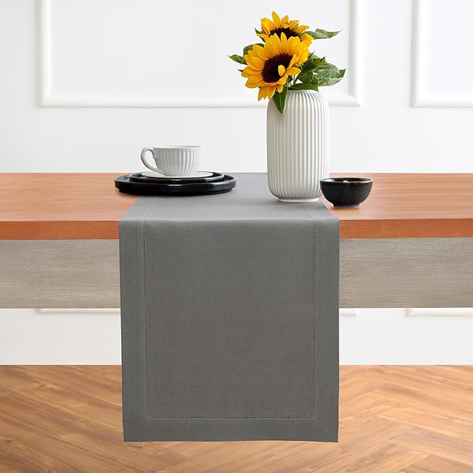 Solino Home Linen Steel Gray Table Runner 120 Inches Long - 100% Pure Linen Hemstitch 14 x 120 Inch Table Runner for Dining, Fall, Autumn - Classic Hemstitch
