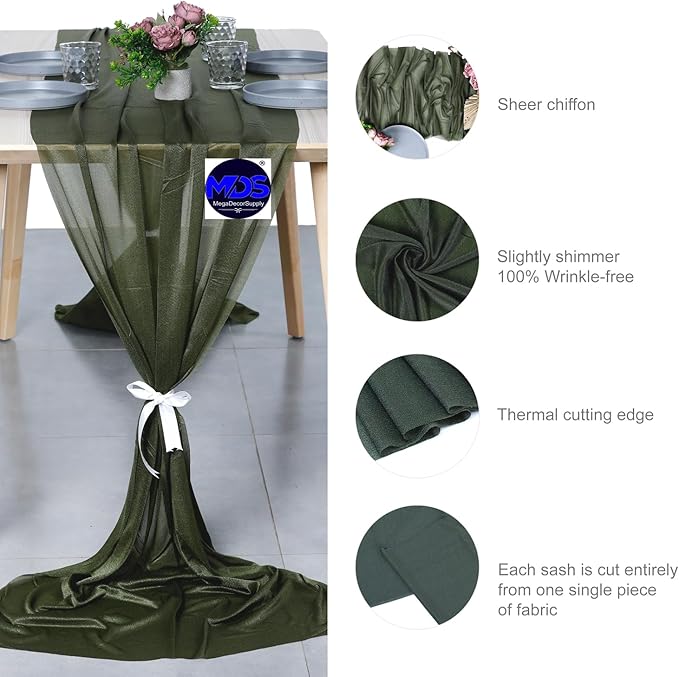 MDS Halloween Chiffon Table Runner - 20 Pack, 29 x 170 Inches, 14ft Each - Sheer Spooky Table Runners for Haunted House Parties, Trick-or-Treat Tables, Witchy Décor, Wedding & Events - Olive Green