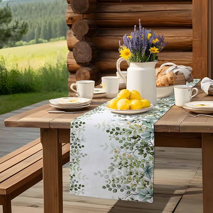 Sage Green Eucalyptus Cotton Linen Table Runner for Dining Kitchen,Farmhouse Leaves Botanical Floral Wedding Outdoor Party Tablerunners Decoration Dresser Scarf Coffee Tablecloth Runners 13x108 Inches