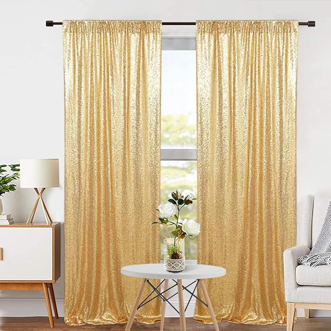 Eternal Beauty Gold Sequin Backdrop Curtains, Shimmer Back Drop 4Panels-2FTx8FT for Christmas, Party, Birthday, Photography, Wedding, Baby Shower Event Decoration