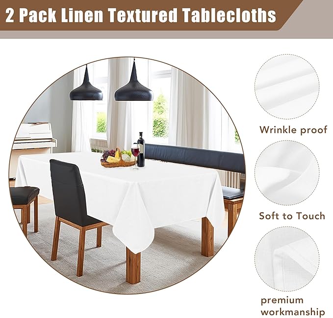 Fitable Linen Textured Tablecloths 2 Pack, Faux Burlap Rectangle Table Clothes for 6 Foot Tables, Rustic Table Covers for Buffet, Banquet, Kitchen Dining, Party, Farmhouse (White, 54 x 108 Inch)