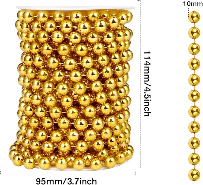 [33 Feet] Gold Pearl Beads Garland, 10MM 11 Yards Gold Faux Pearl Beads String Roll Bulk for DIY Craft Christmas Tree Wedding Party Decoration