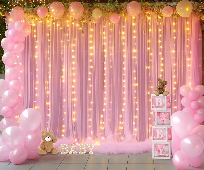 20ft x 10ft Pink Tulle Photo Backdrop Curtain with Lights String for Baby Shower Sheer Baby Pink Curtain Backdrop for Birthday Party Wedding Photo Booth Photography Background Decorations