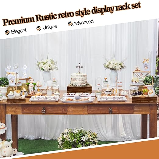 Roowest Set of 4 Wood Display Risers Rustic Cupcake Stand Rustic Wood Cake Stands Wooden Stackable Display Box for Dessert Wedding Birthday Christmas Village Party Decoration(Black Brown)