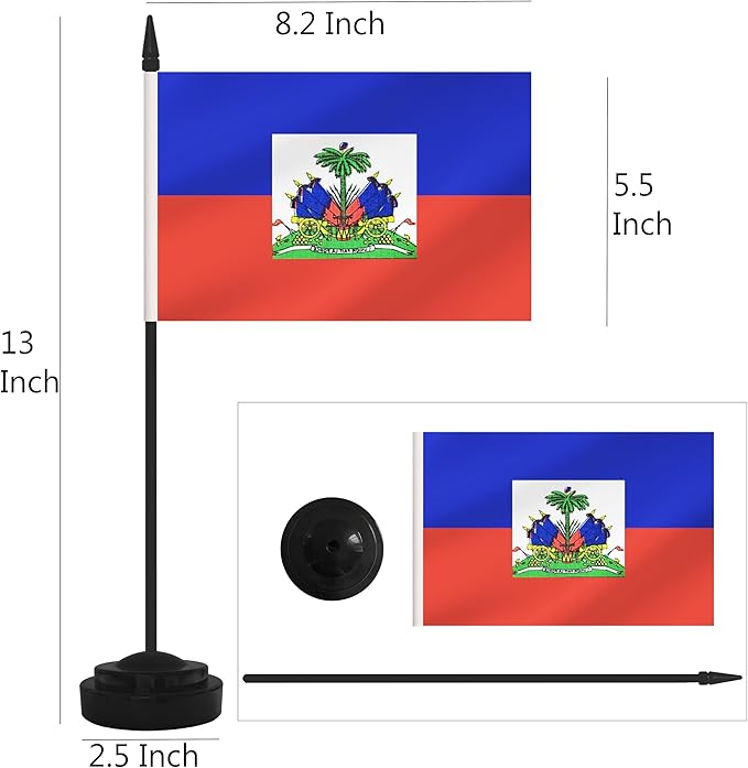 2 Pack Haiti Desk Flag Set, Haitian Desktop Small Miniature Table Office Flag with 12" Black Pole and Black Base, Offices, Classroom, Home, Festival Decoration (Haiti)