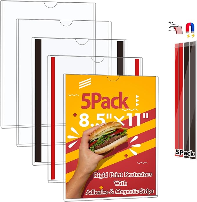 Magnetic Sign Holder 8.5 x 11 - Rigid Plastic Wall Sign Holder Reusable Adhesive Frames, Magnetic Frame for Refrigerator Door Window, Clear Rigid Print Protectors for Paper Picture, 5 Pack