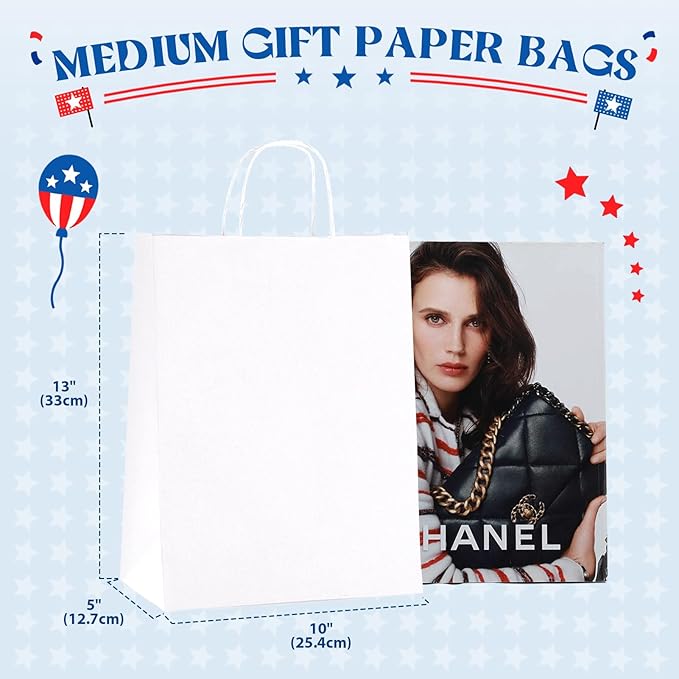 MESHA White Paper Bags whit Handles 10x5x13 Inch 50 Pack, Large Kraft Paper Gift Bags with Handles Bulk for Small Business, Shopping, Party