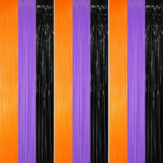 GOER 3.2 ft x 8.2 ft Metallic Tinsel Foil Fringe Party Backdrop for Halloween Birthday Graduation New Year's Party Decorations(3 Packs,Black&Orange&Purple)