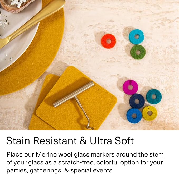 Graf Lantz - Wine-O's Merino Wool Wine Glass Charms (Autumn) 12 Count - Drink Markers with Note Card - Reusable - 12 Colors - Boho Style - Home Decor, Party Favors & Vacation Essentials - 5mm Felt
