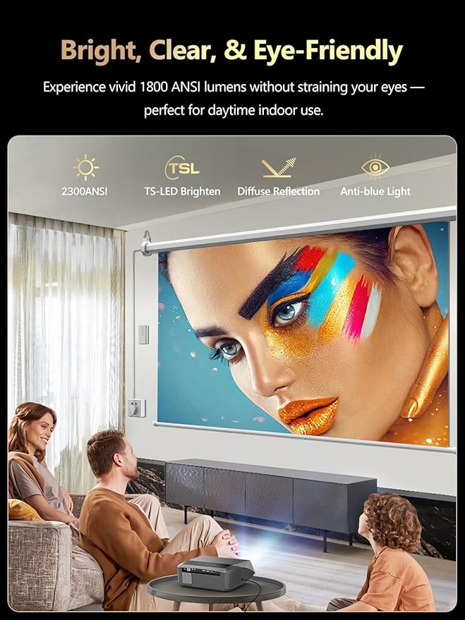 Smart Daytime 4K Projector HDR 2300ANSI with WiFi, Bluetooth, NFC, Apps, Auto Focus/Keystone,Ultra HD 1080P Movie Gaming Karaoke Projector with 2 HDMI ARC, 2 USB, 2 Mics for Home Theater Party TV Golf
