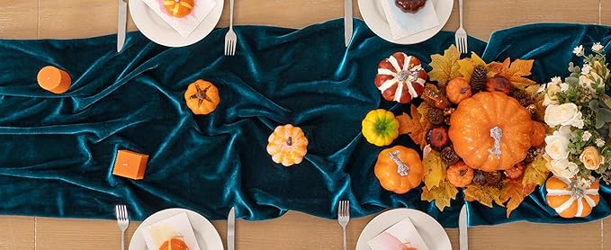 Peacock Green Velvet Table Runner Fall Thanksgiving Turquoise Table Runner 20 x 120 Inch Luxurious Elegant Velvet Fabric Table Decorations for Christmas Dinner Wedding Bridal Baby Shower