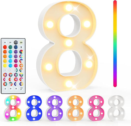 Pooqla Colorful Lighted Numbers with Remote, 35 Colors Light Up Numbers for Party, RGB LED Marquee Number Lights Gift for Girls Boys 8th Birthday Decoration Wedding Bar Night Light Home Decor Number 8