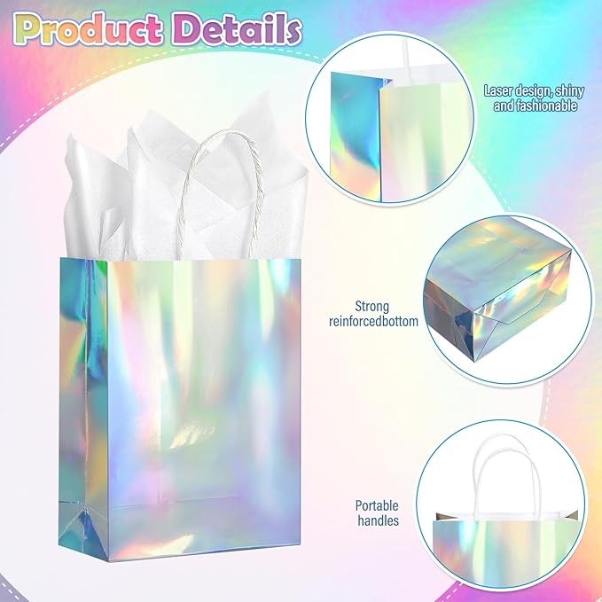 24 Pcs Iridescent Gift Bags Decorations, Holographic Foil Party Favor Bags with Handles, Glitter Paper Candy Goodie Bag with 24 Tissue Paper for Graduation Birthday Baby Shower Party Supplies
